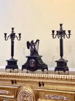 ساعت و شمعدان برنز و سنگ مدل فرشته زن چنگ (2)